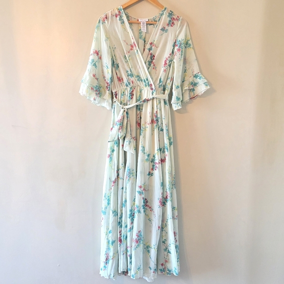 Kate & Lily Floral Print Garden Boho  Feminine Maxi Belted Light Green Dress 6 - Picture 4 of 16